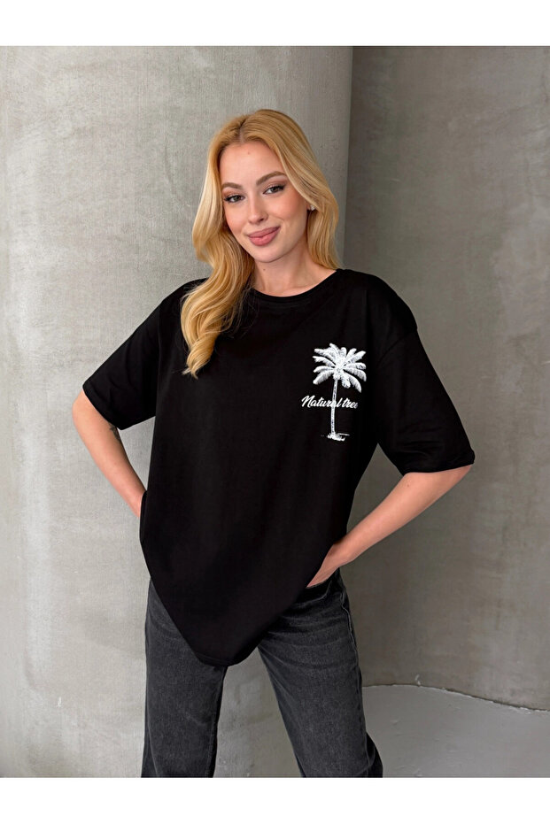 Palm Tree Print Back Print Detail Oversize Women's T-Shirt – Black