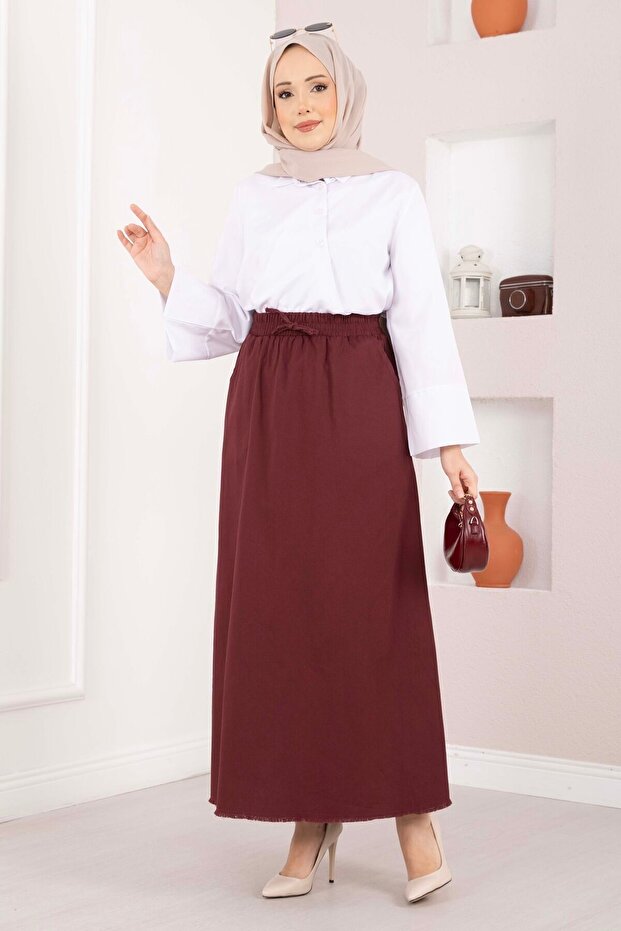 Pocket Detailed Elastic Waist Skirt Burgundy