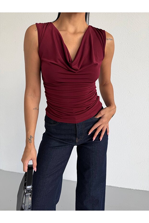 Women's Degaje Collar Draped Lycra Sleeveless Blouse