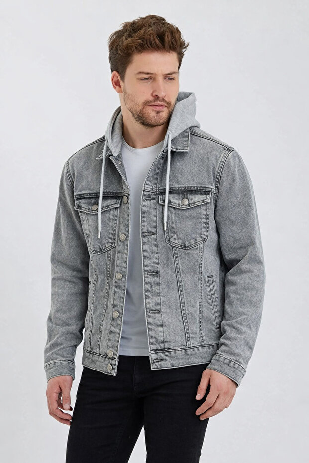 Men's Denim Casual Hooded Gray Denim Jacket