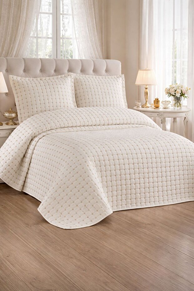 غطاء سرير مزدوج من أليدا، لون إكرو - 1