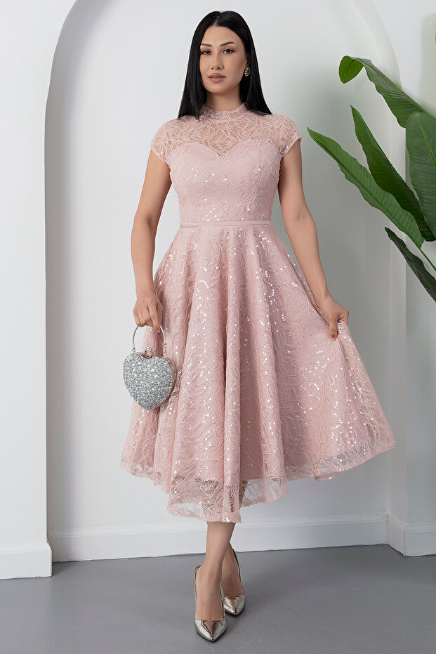 Bisiklet Yaka Gloplu Pul Payet Dantel Elbise BAL169 - 1