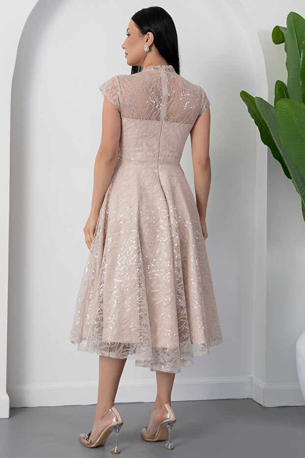 Bisiklet Yaka Gloplu Pul Payet Dantel Elbise BAL169 - 8