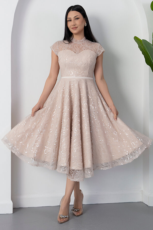 Bisiklet Yaka Gloplu Pul Payet Dantel Elbise BAL169 - 5