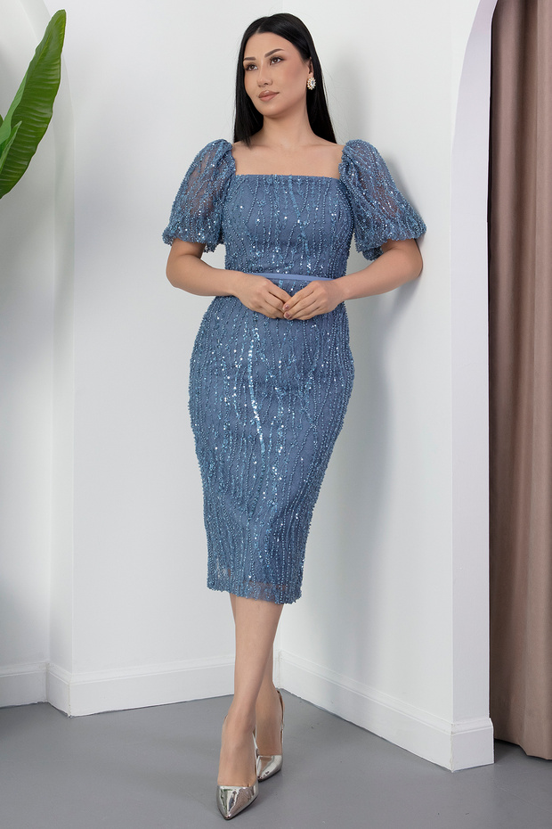 Kare Yaka Balon Kol Boncuklu Dantel Elbise BAL168 - 3