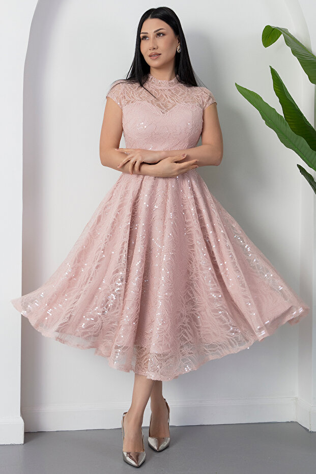 Bisiklet Yaka Gloplu Pul Payet Dantel Elbise BAL169 - 5