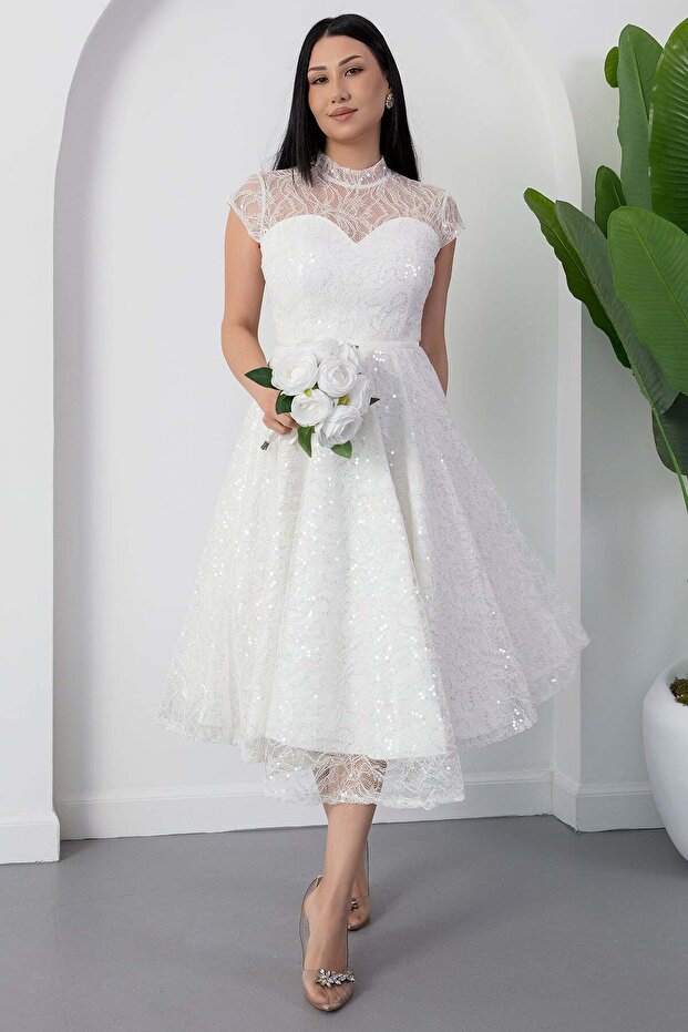 Bisiklet Yaka Gloplu Pul Payet Dantel Elbise BAL169 - 3