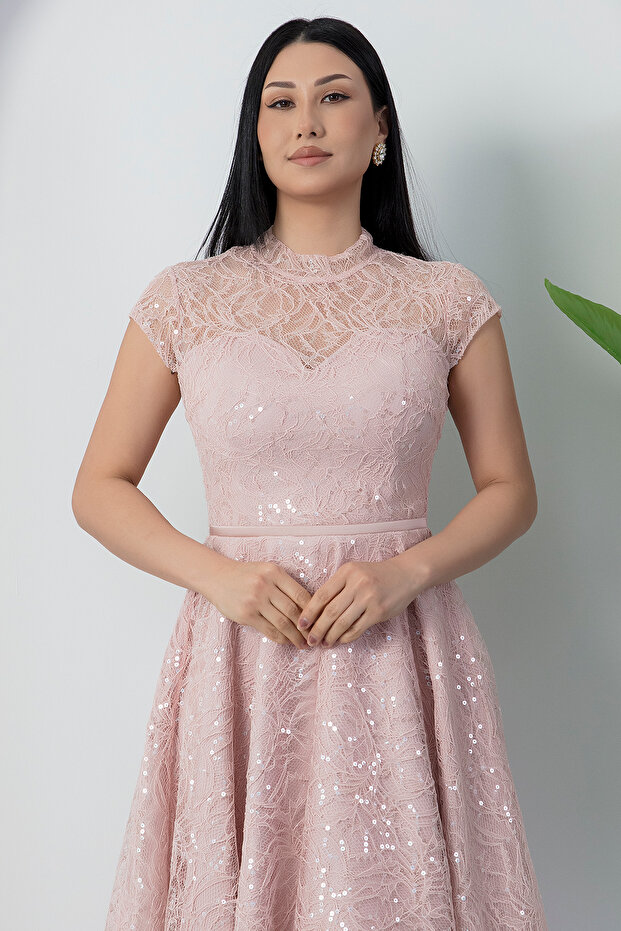 Bisiklet Yaka Gloplu Pul Payet Dantel Elbise BAL169 - 2