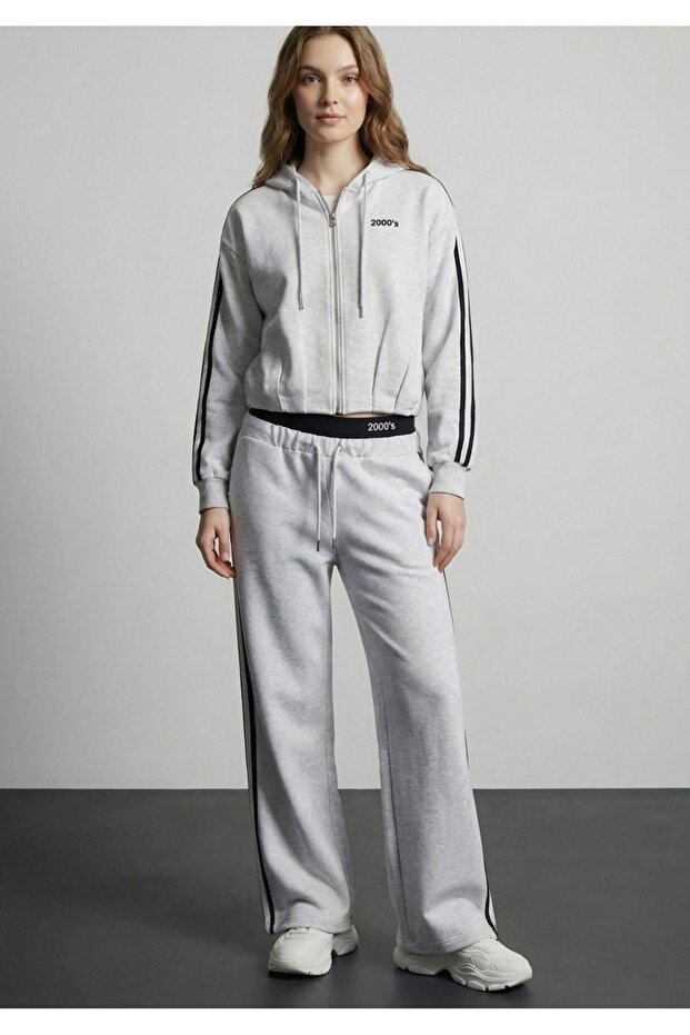 Piping Detailed Tracksuit Set Gray Melange