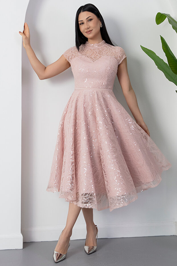 Bisiklet Yaka Gloplu Pul Payet Dantel Elbise BAL169 - 6