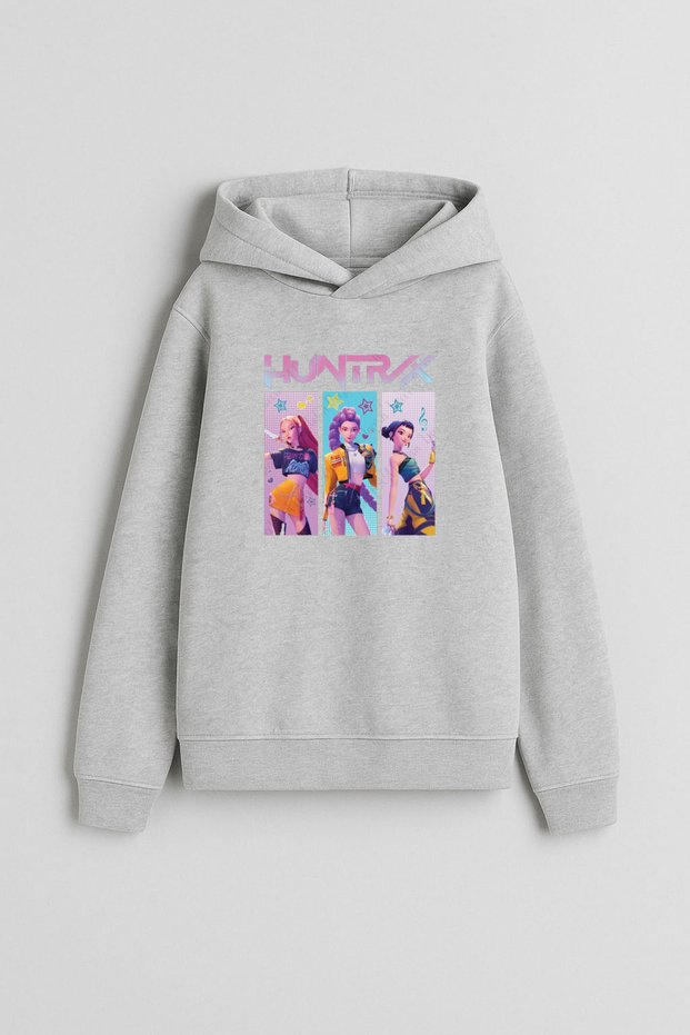 K-Pop Demon Hunter Printed Children's Gray Hooded Sweatshirt