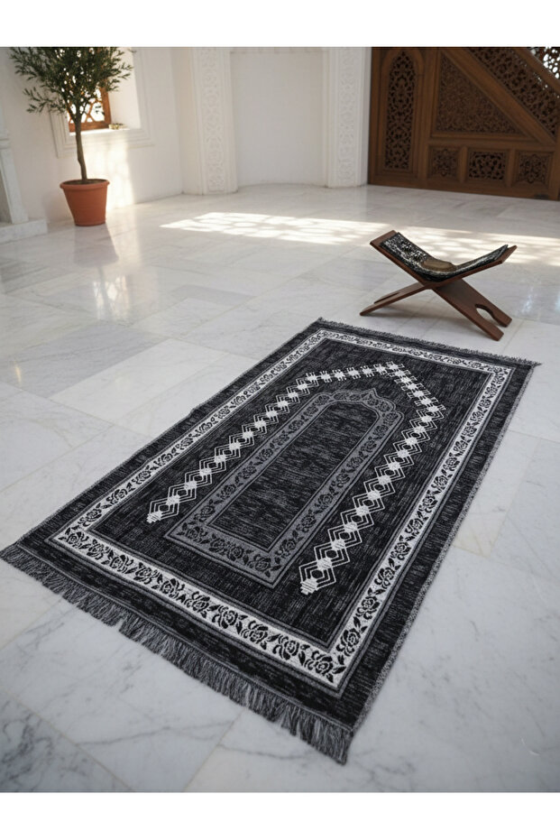 My Evilla Seccade Lightweight Foldable Washable Prayer Mat with Stylish Motifs, Dowry Box and Gift, Black-Gray