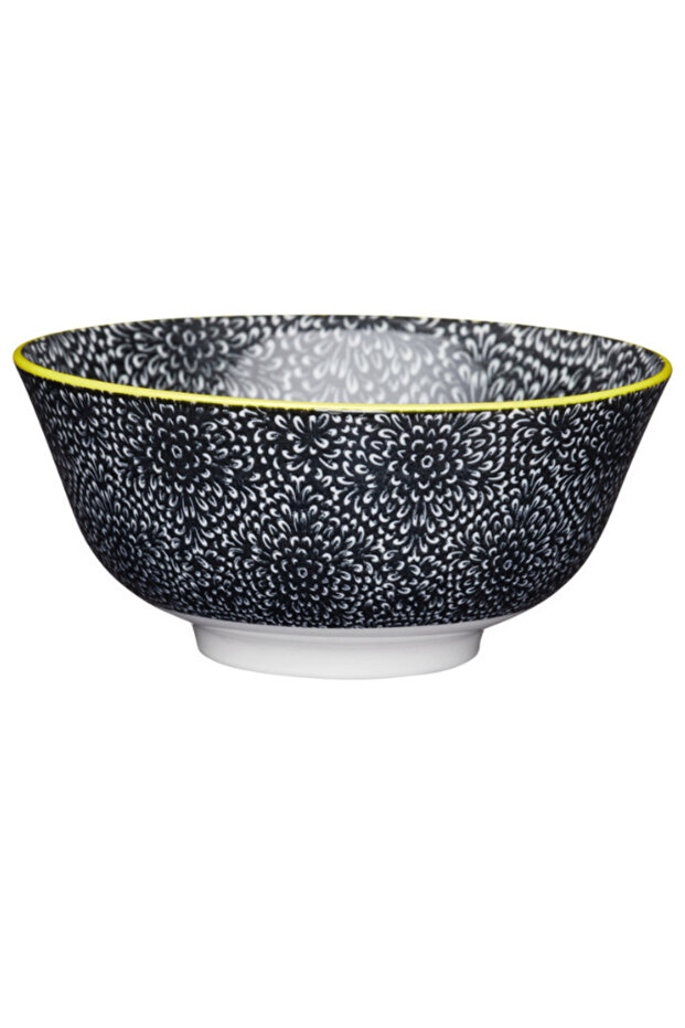 وعاء سيراميك مزجج KCBOWL15 بنمط زهور سوداء
