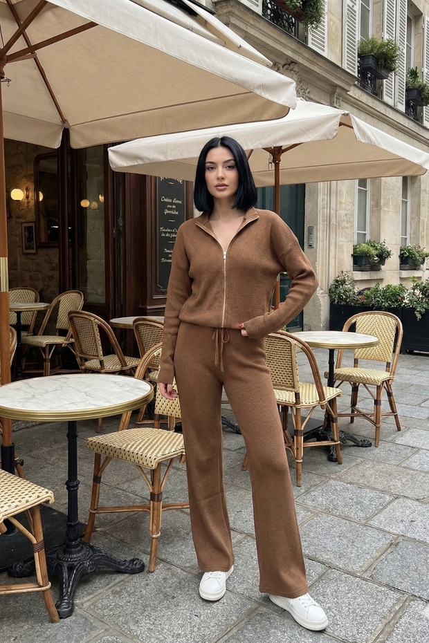 Women's College Jacket Ribbed Knit Trousers Two-Piece Set
