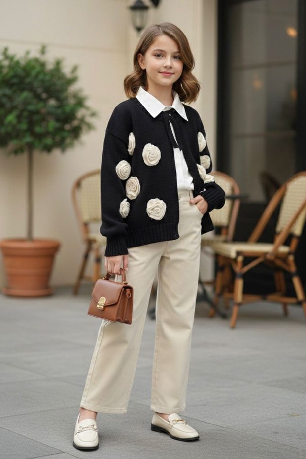 My Little Girl's 3-Piece Combination Set with 3D Rose Appliqué Knitwear Cardigan and Shirt - Black