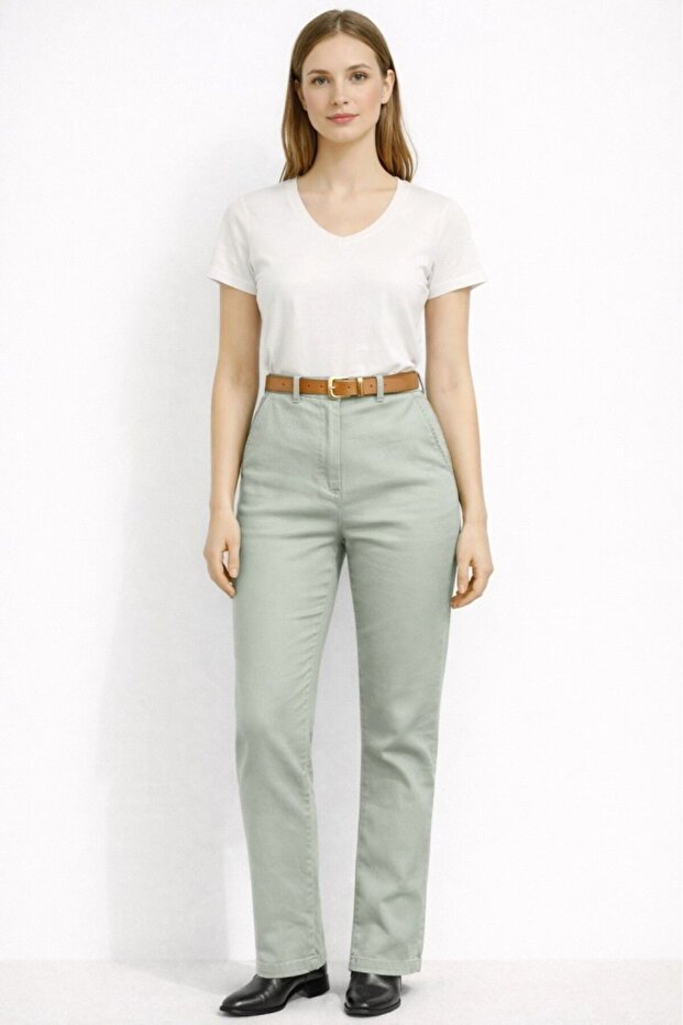 Women's Pants Khaki Lycra Lycra Gabardine Pants with Belted Waist