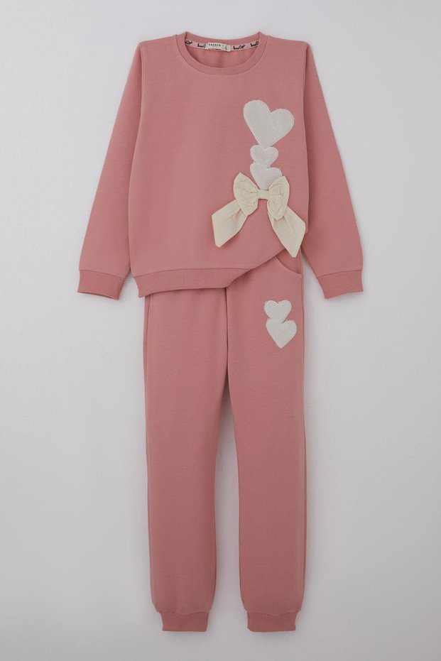 Girl's Tracksuit Set with Heart Embroidery and Bow, Ages 4-9, Dried Rose Color
