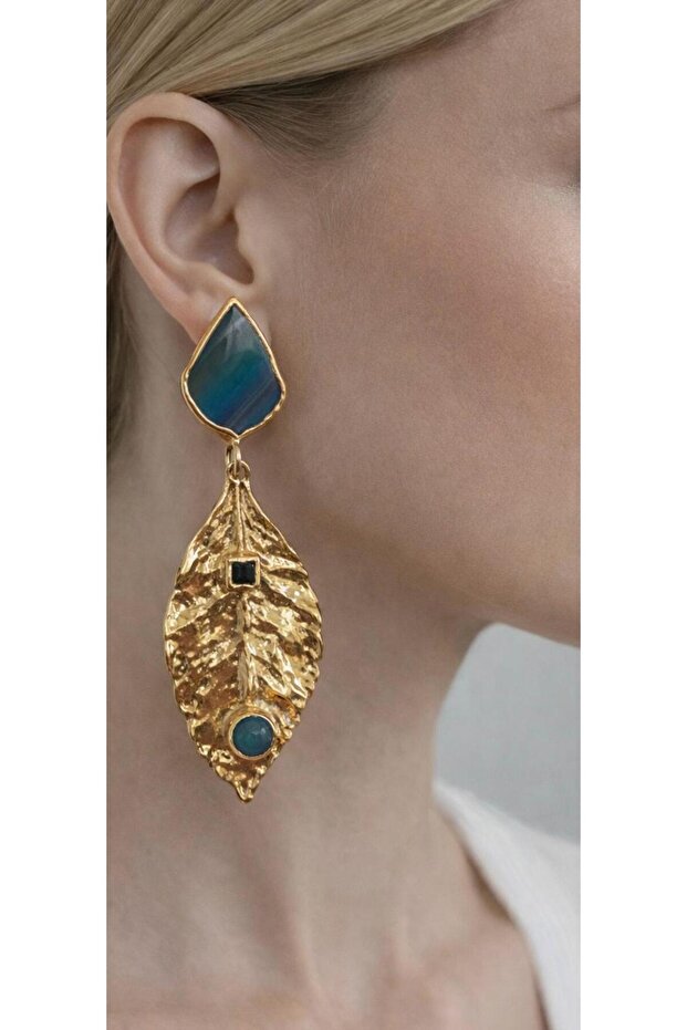 Natural Stone Detailed Gold Leaf Design Earrings