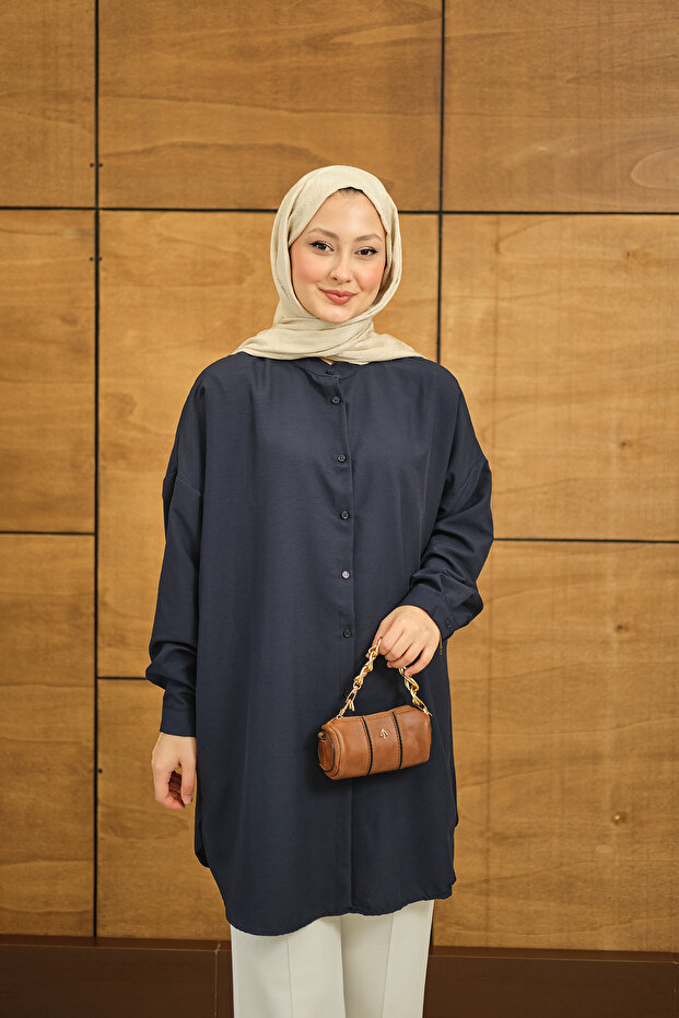 Kadın Hakim Yaka Basic Gömlek Lacivert - 5