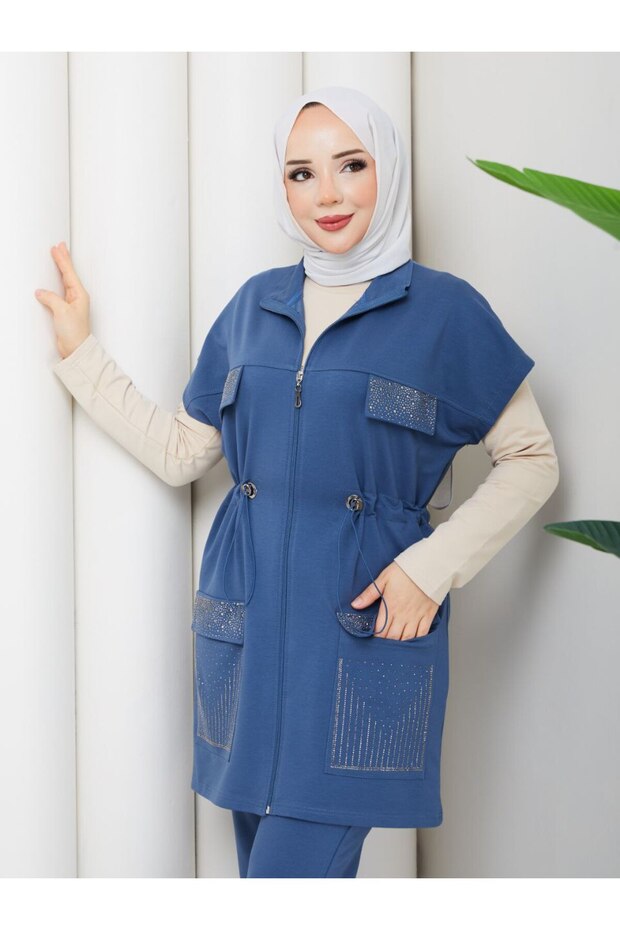 طقم بدلة رياضية نسائية من 3 قطع قطنية من خيطين n-05491 _ أزرق