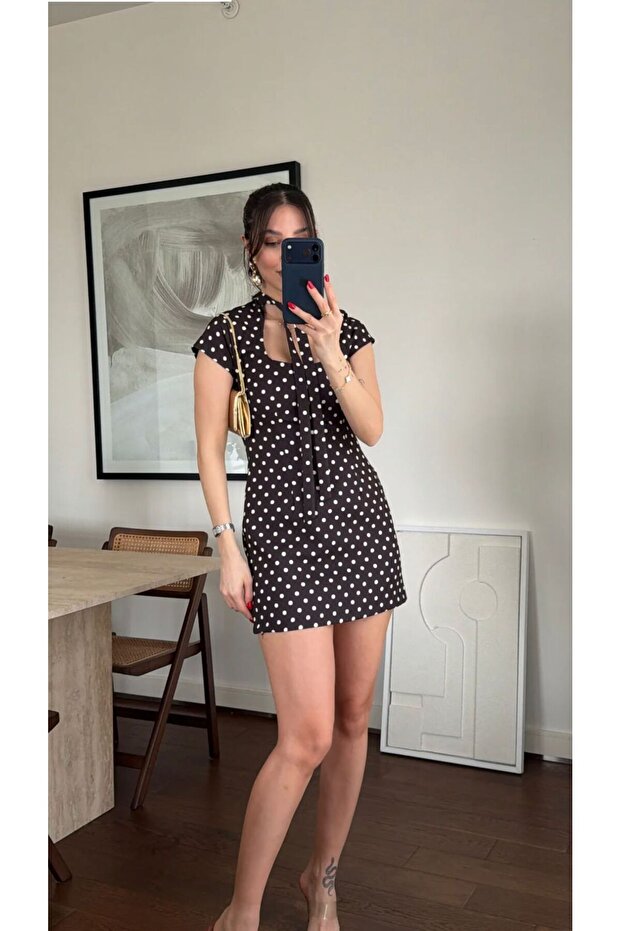 Women's Polka Dot Patterned Mini Dress with Inner Shorts Summer Casual Cut