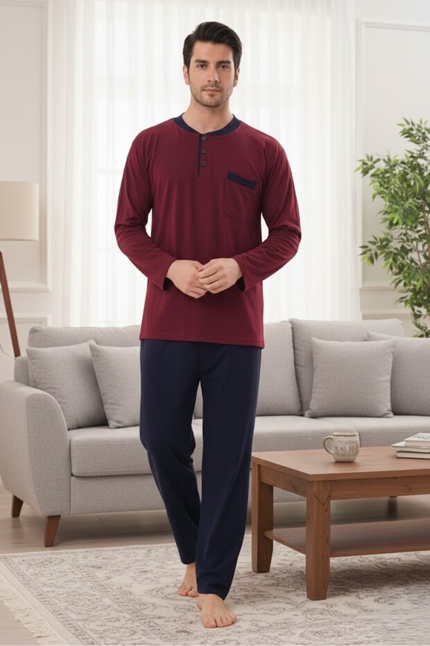 Men's Burgundy Long Sleeve Button Detailed 100% Cotton Design Large Size (Oversized) Pajama Set