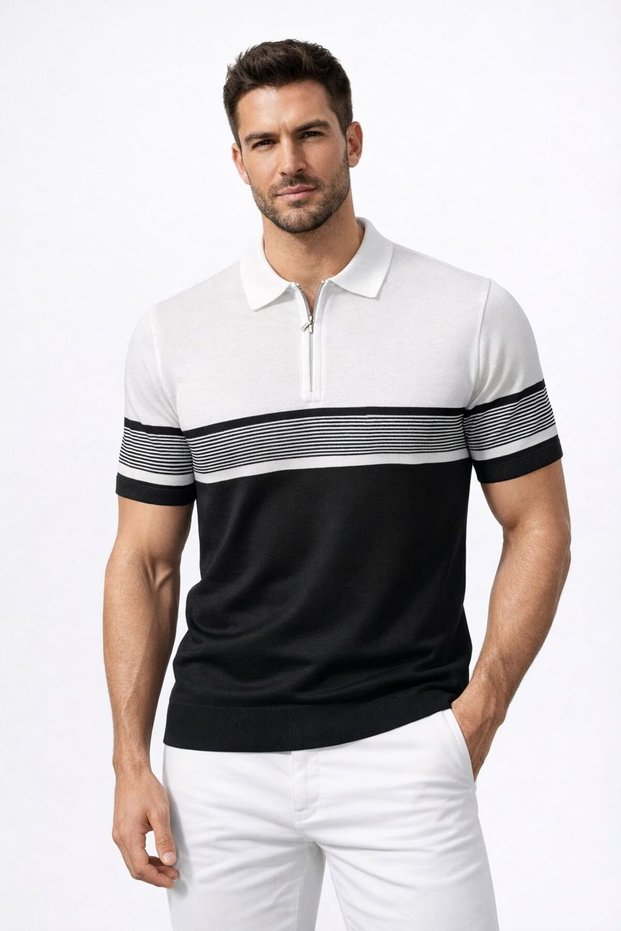 Men's Striped Polyoyaka Tricot T-Shirt Flexible Quality Comfortable Zipper Regular Fit T-Shirt