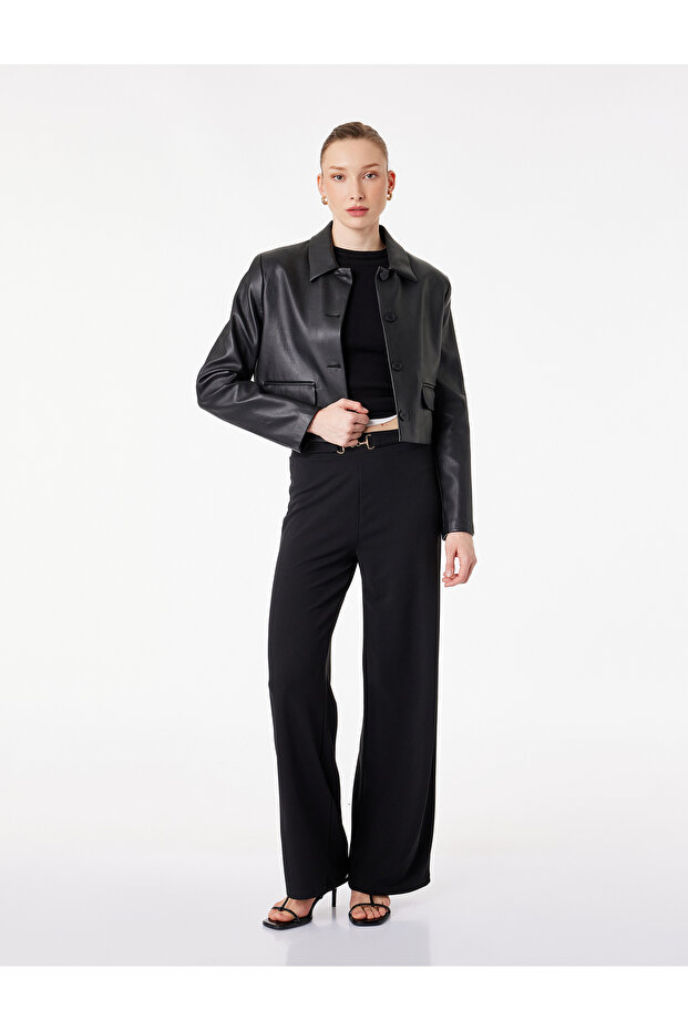 Crepe Scuba Fabric Belt Detailed Wide Leg Palazzo Trousers