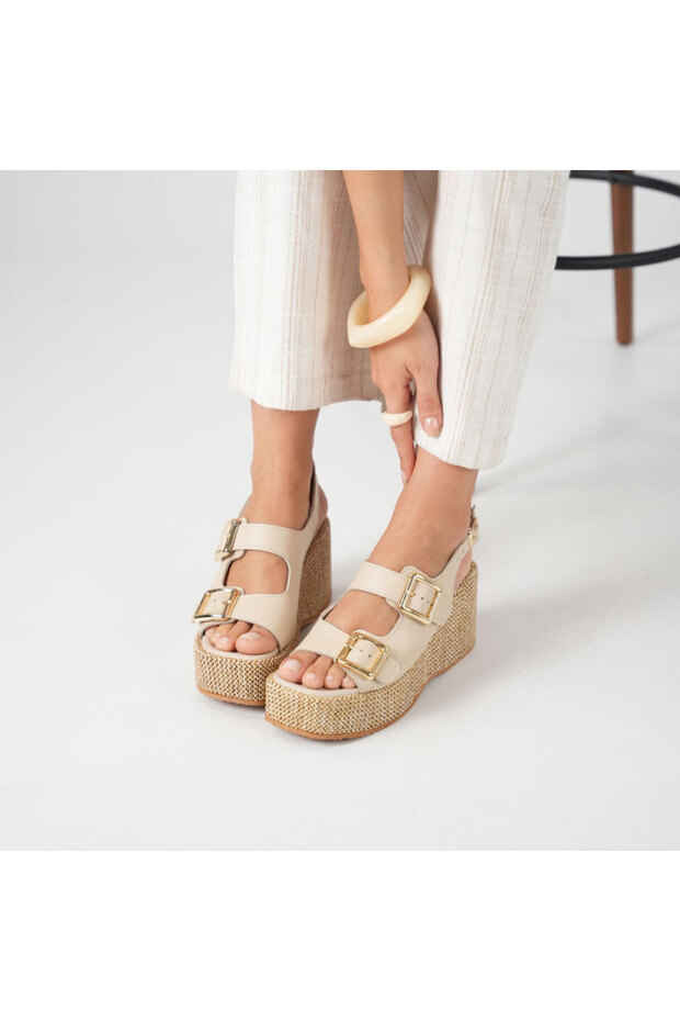 Exclusive Frida Beige Leather Wedge Heel Women's Sandals
