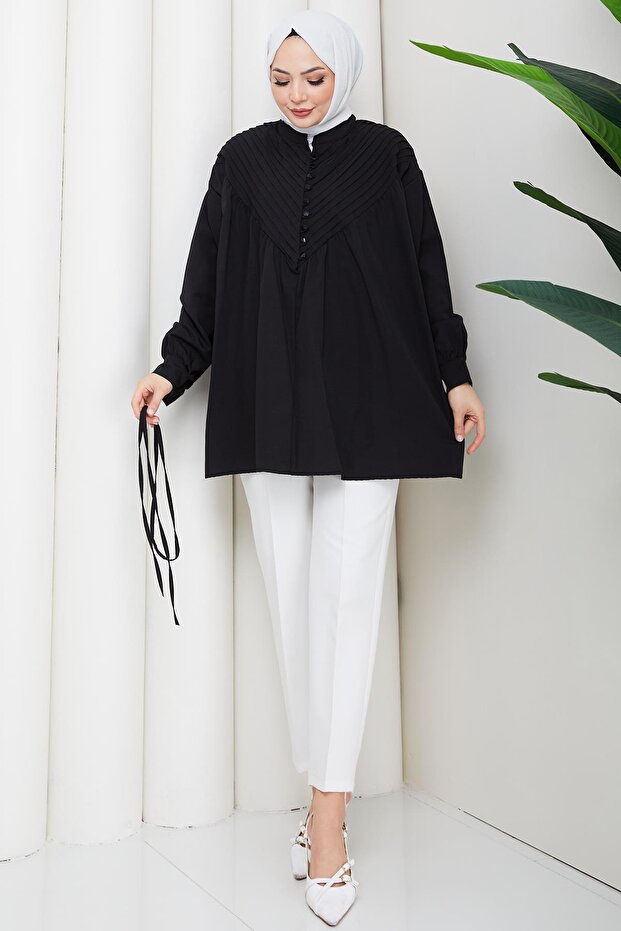 Ribbed Half Placket Buttoned Tunic Black Hm2886 - 4