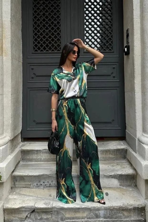 Wide-Leg Patterned Satin Fabric Shirt and Trousers Set