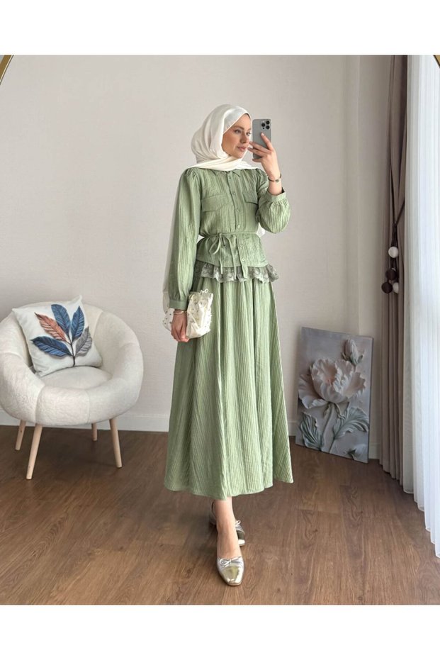 Women's Lace Detailed Paris Skirt Suit - Green