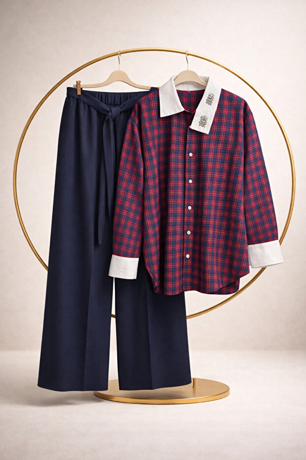 Women's Belted Trousers and Checked Stone Detail Shirt Two-Piece Set