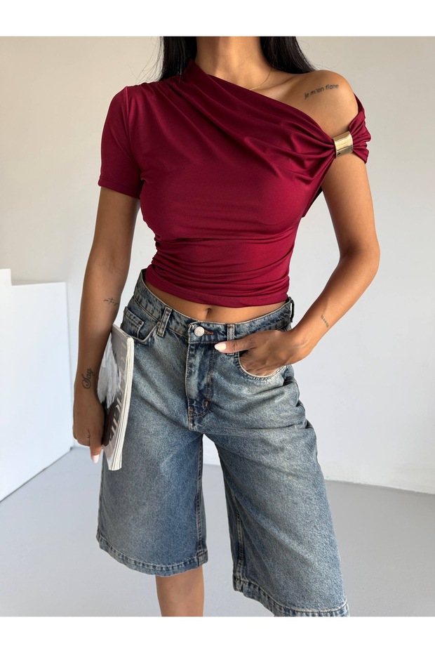 Women's One-Shoulder Draped Lycra Blouse with Metal Accessories