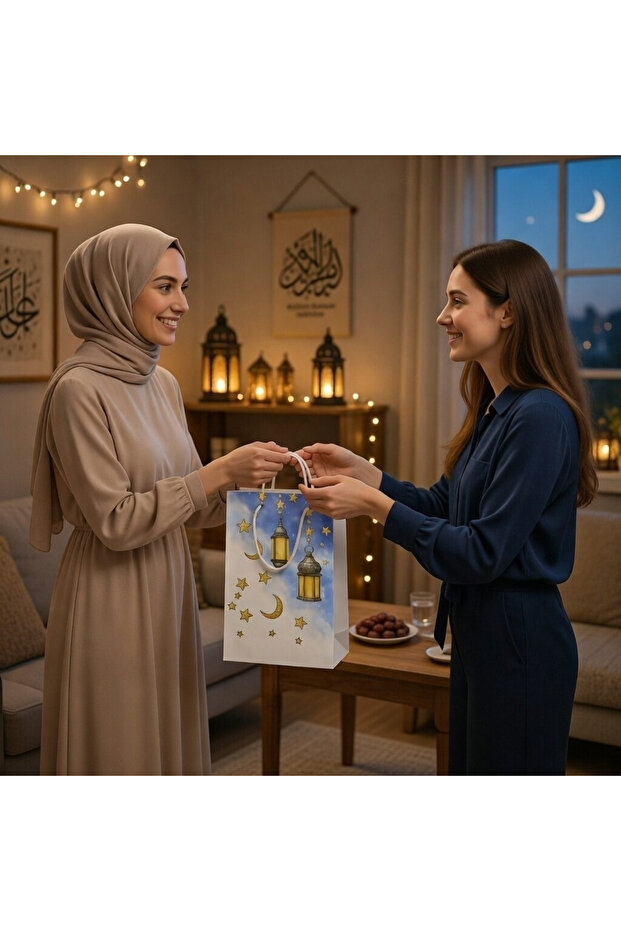 حقيبة هدايا من الورق المقوى بتصميم رمضان كانديل مقاس 26x40x8 سم لتوزيع الإفطار