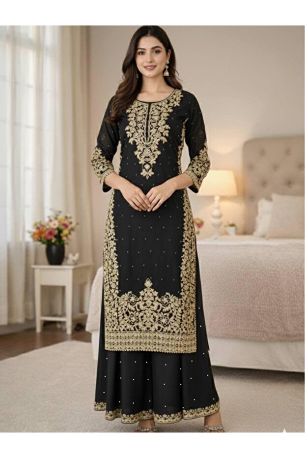 Black Silk Salwar Kameez & Dupatta - HRT6798 | Black