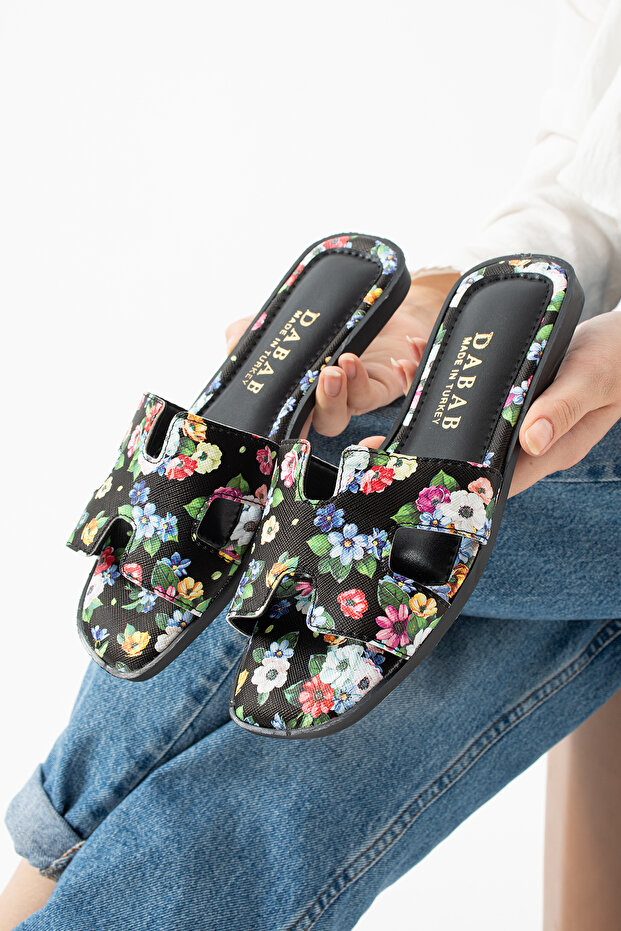 Florisa Women's Floral Patterned H-Strapped Black Flat Sole Summer Slippers