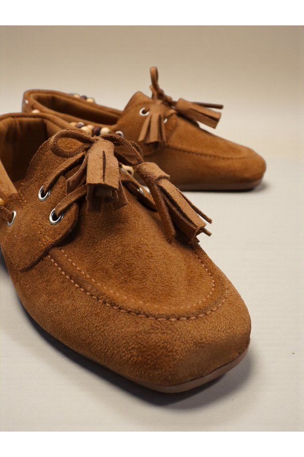 Women's Suede Ballerinas. Beaded Detailed Lace-Up Ballerinas