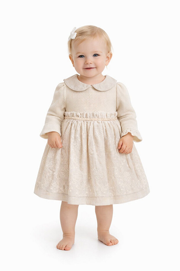 Embroidered Girl's Dress Cream