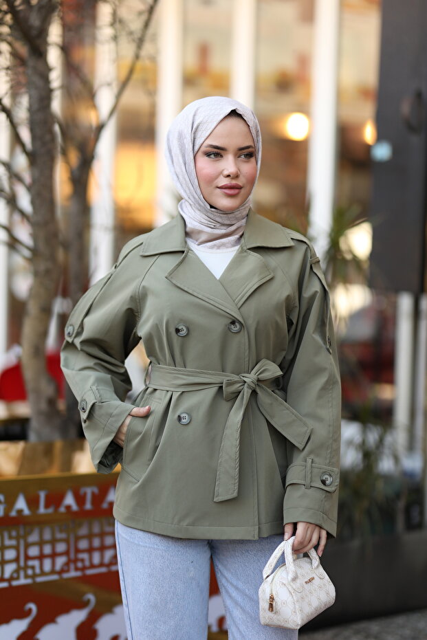 Basic Ara Boy Kemerli Trençkot Haki - 8