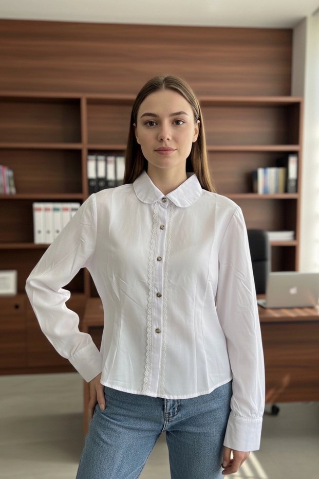 Women's White Stylish Lace Detailed Slim Fit Shirt