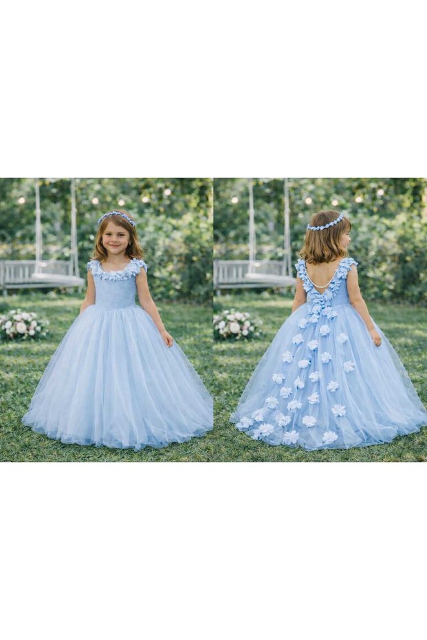 Princess Fluffy Tulle Floral Baby Blue Evening Dress Wedding Dress