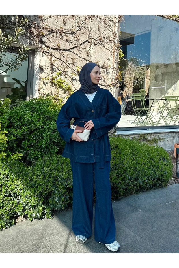 Women's Buttoned and Belted Denim Two-Piece Set M61824 - Dark Jeans