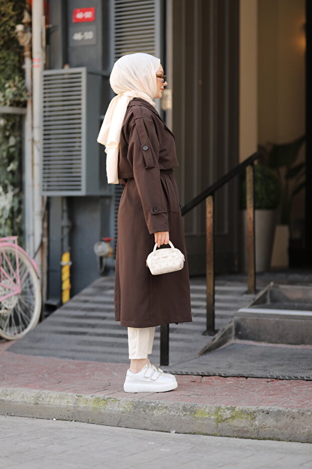 Düğmeli Kemerli Trençkot Kahve - 5