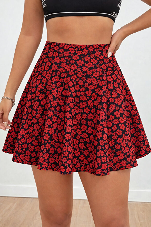 High-Waisted Lycra Floral Print Mini Flared Skirt