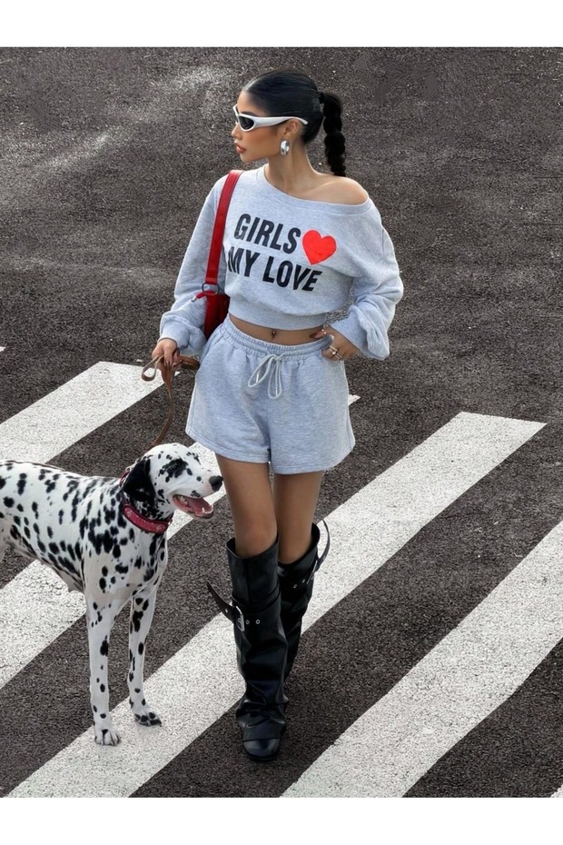 Women's Girls My Love Printed Asymmetrical Collar Crop Sweatshirt