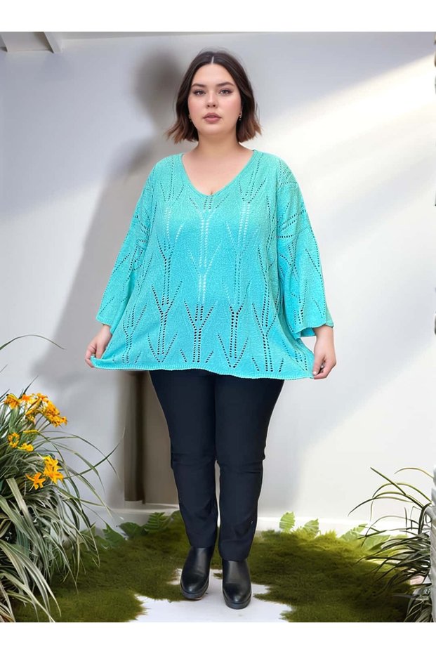V-Neck Openwork Patterned Italian Mercerized Bluz Sweater