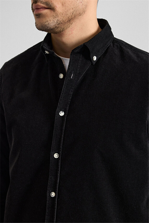 Siyah Regular Düğmeli Yaka Casual Gömlek - 3