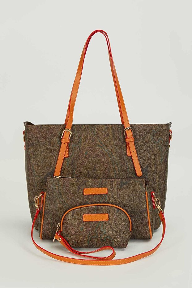 Brown Ethnic Patterned Women's Triple Bag Set Large Size Shoulder Bag