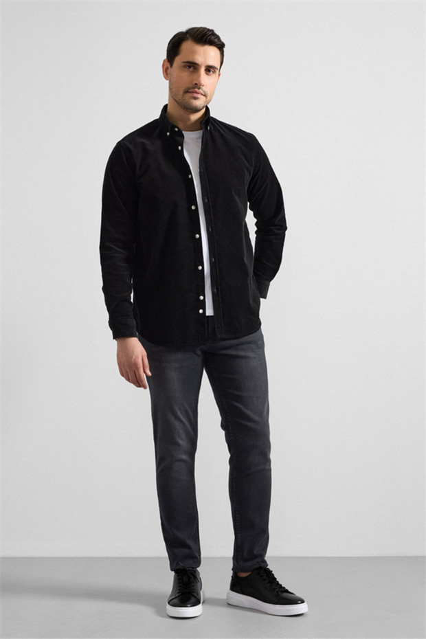 Siyah Regular Düğmeli Yaka Casual Gömlek - 5